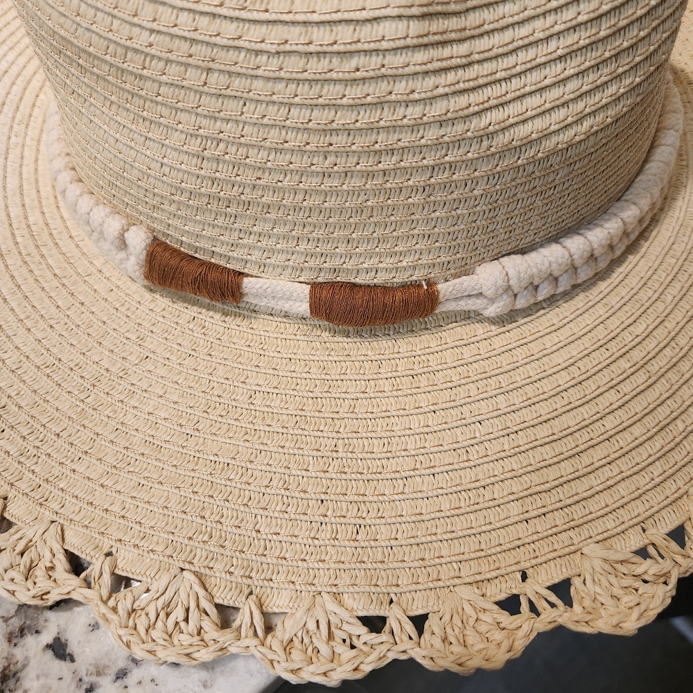 New York & Company Tan Floppy Wide-Brimmed Hat with Frayed Edges - Picture 3 of 5